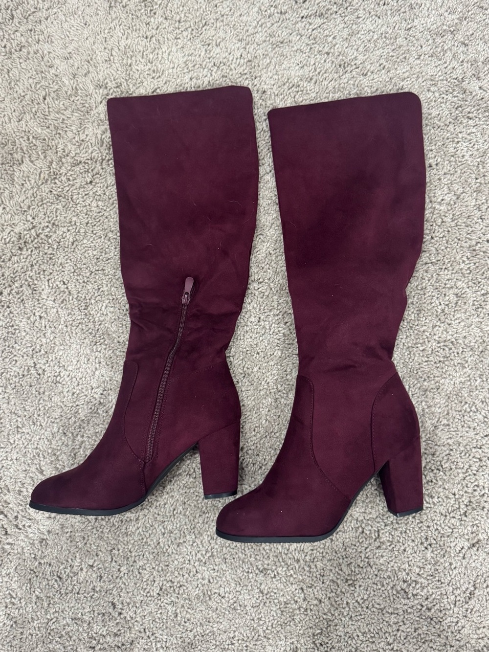 Women’s  Suede-Look Block Heel Boots — Burgundy
